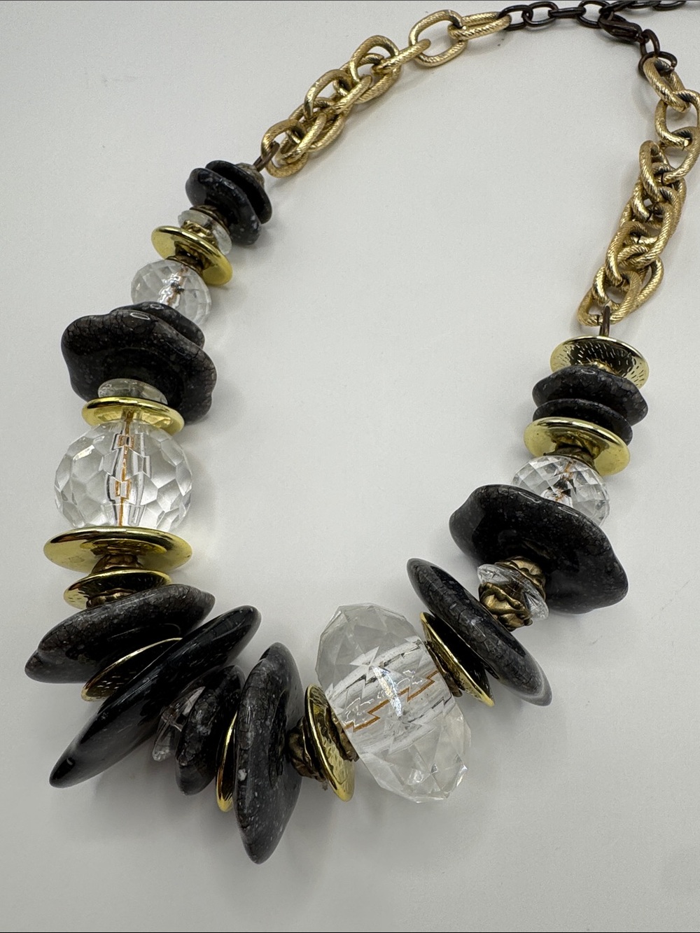 Statement Black Bead Necklace with Faceted Crystal & Gold Tone Accents - Picture 2 of 4